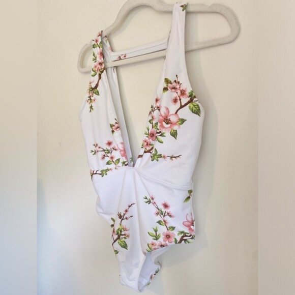Women's White & Pink Cherry Blossom Plunge V-Neck Open Back Swimsuit Size XS - Picture 4 of 5